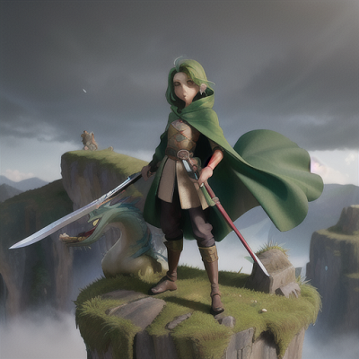 Image For Post | Anime, manga, Stoic wind swordsman, flowing green hair and narrowed eyes, standing atop a towering cliff, commanding a powerful gust, a fearsome dragon in the distance, tattered cloak and dual katanas, ethereal and moody art style, a sense of impending conflict and strength - [AI Art, Anime Muscular Characters ](https://hero.page/examples/anime-muscular-characters-stable-diffusion-prompt-library)
