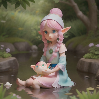 Image For Post Anime Art, Petite elf healer, pastel pink hair and big round eyes, in a serene riverside setting