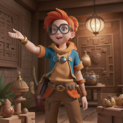 Image For Post Anime Art, Curious treasure hunter, spunky orange hair with goggles, deep within an ancient underground temple