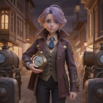 Image For Post Anime Art, Wistful time traveler, soft lavender hair with temporal rune markings, in a steampunk cityscape