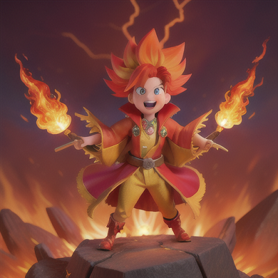 Image For Post | Anime, manga, Flamboyant fire mage, blazing orange hair spiked upwards, in a scorched battlefield, unleashing a fiery tornado spell, roaring flames and burnt debris flying, elaborate mage robes with golden trim, vivid and energetic art style, a scene of intense and explosive power - [AI Art, Anime Mages Imagery ](https://hero.page/examples/anime-mages-imagery-stable-diffusion-prompt-library)