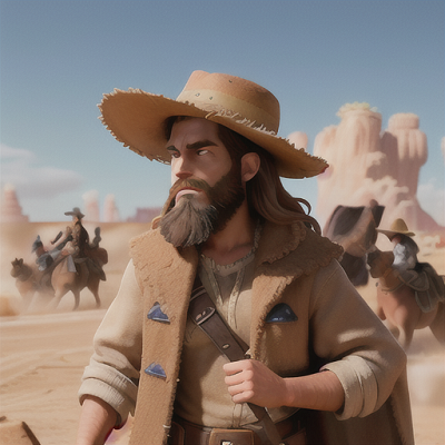 Image For Post | Anime, manga, Enigmatic drifter, sandy brown hair with a rugged beard, wandering through a desert at high noon, shielding a young child from harm, a distant tornado and a group of bandits in pursuit, tattered cloak and wide-brimmed hat, sun-bleached and dust-covered art style, a sense of danger and resilience - [AI Art, Giant Anime Characters Scene ](https://hero.page/examples/giant-anime-characters-scene-stable-diffusion-prompt-library)
