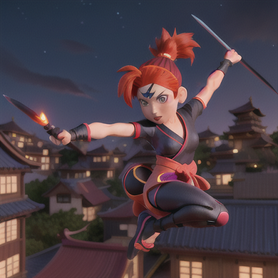 Image For Post Anime Art, Determined ninja girl, energetic red hair in a high ponytail, hidden village rooftops in the dim moonlight