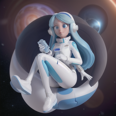 Image For Post Anime Art, Kind-hearted alien researcher, long blue hair and multicolored eyes, floating in outer space