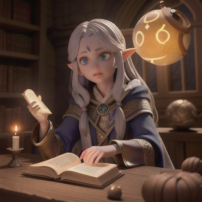 Image For Post Anime Art, Ancient spellcaster, long silver hair adorned with runes, in a cavernous hidden library