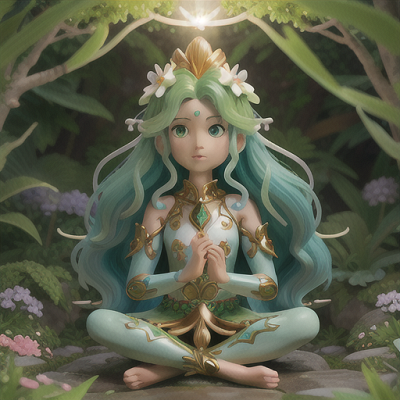 Image For Post Anime Art, Calm elemental warrior, flowing green hair adorned with flowers, in a garden of crystal pillars