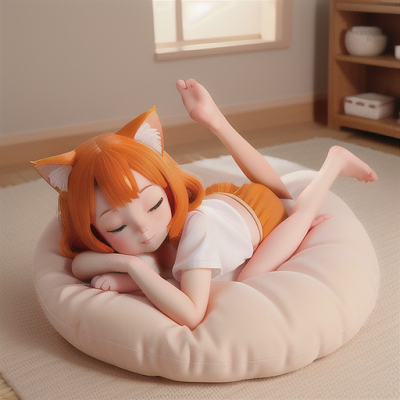 Image For Post Anime Art, Cat-eared nekomimi girl, soft orange hair and whiskers, in a sunlit room filled with cat toys and cozy pillo