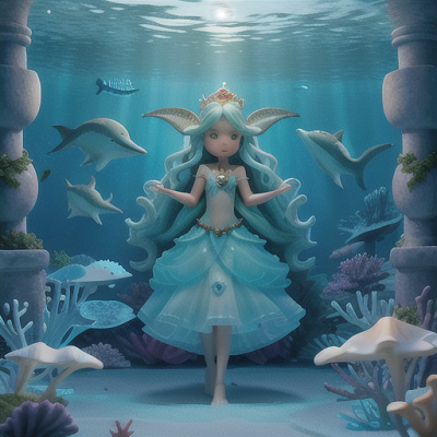 Image For Post Anime Art, Whimsical sea princess, long wavy aquamarine hair, underwater palace filled with luminescent fishes