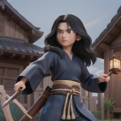 Image For Post Anime Art, Legendary swordsman, flowing black hair and a stoic expression, defending a quiet village from bandits