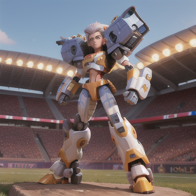Image For Post Anime Art, Fearless mech duelist, platinum hair styled like a lion's mane, amidst a sky-high stadium