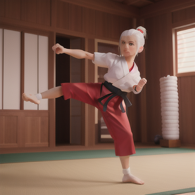 Image For Post Anime Art, Veteran martial artist, striking white hair in a high ponytail, training in a serene dojo