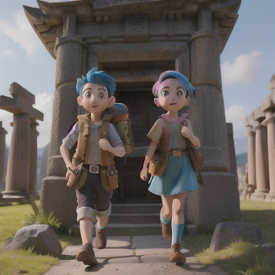 Image For Post Anime Art, Intrepid treasure hunter duo, blue-haired boy and pink-haired girl, exploring an ancient temple