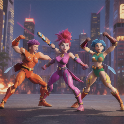 Image For Post Anime Art, Vibrant trio of heroes, vivid hair colors and muscular physiques, in a futuristic cityscape fighting robotic