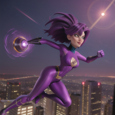 Image For Post Anime Art, Mutant superhero, magnetic purple hair in a dynamic style, atop a bustling city skyline
