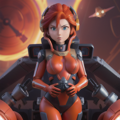 Image For Post Anime Art, Fearless mech pilot, fiery red hair in a futuristic helmet, in the cockpit of a colossal mecha suit