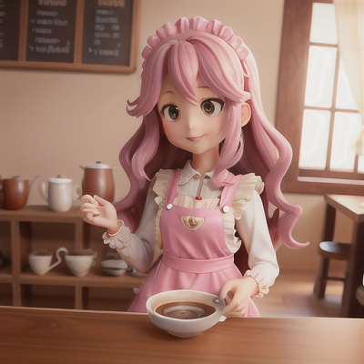 Image For Post Anime Art, Charming coffee shop owner, long wavy pink hair, in a cozy and inviting cafe