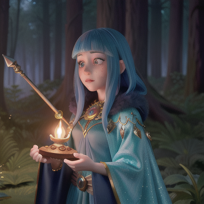 Image For Post Anime Art, Freckled sorceress, constellation-like freckles on the face and azure hair, in a moonlit enchanted forest