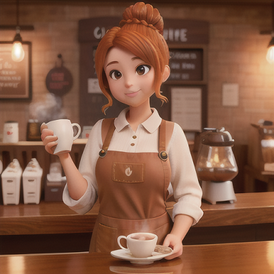 Image For Post Anime Art, Kind-hearted barista, caramel-colored hair in a loose bun, inside a cozy cafe