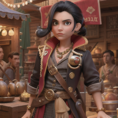 Image For Post Anime Art, Cunning Pirate Quartermaster, sleek black hair tied in a knot, in a bustling marketplace