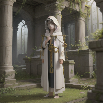 Image For Post Anime Art, Ancient guardian, wispy gray hair atop an androgynous face, standing in a lush and overgrown temple