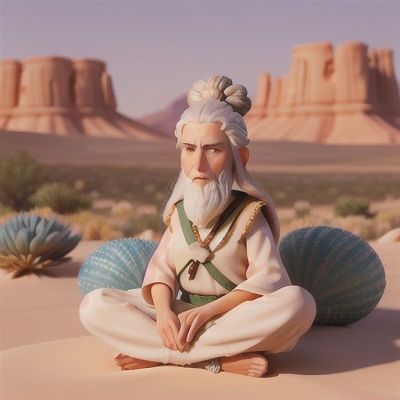 Image For Post Anime Art, Solemn desert elder, wispy white hair in a neat bun, in a tranquil desert oasis