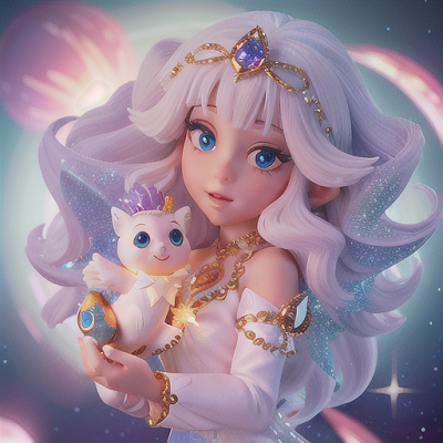 Image For Post Anime Art, Twinkling cosmic princess, radiant white hair with glittering star-shaped accessories, floating serenely amo