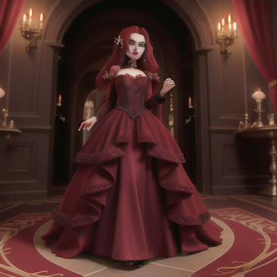 Image For Post Anime Art, Enigmatic vampire queen, deep crimson hair and piercing red eyes, in a lavish gothic castle