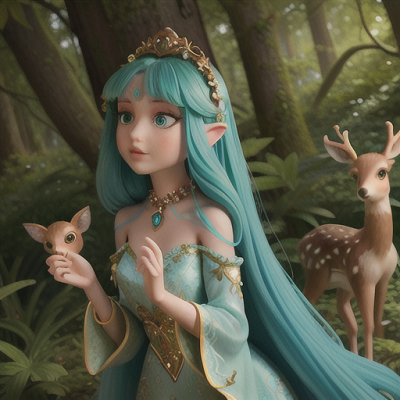 Image For Post | Anime, manga, Enigmatic forest princess, long teal hair adorned with flowers, in a lush secret grove, interacting with friendly woodland creatures, a majestic deer with a jewel-encrusted collar, flowing chiffon dress with floral detailing, delicate and enchanting art style, an atmosphere of pure whimsy and grace - [AI Art, Anime Cityscape Scene ](https://hero.page/examples/anime-cityscape-scene-stable-diffusion-prompt-library)