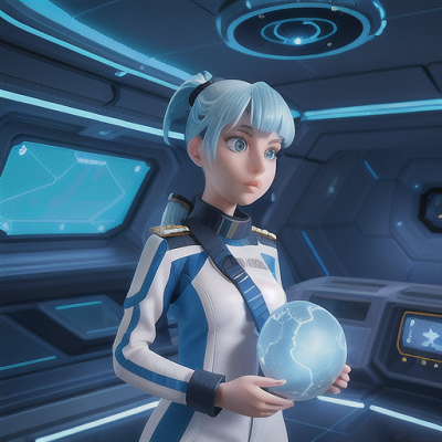 Image For Post Anime Art, Enigmatic star captain, icy blue hair in a sleek ponytail, on the bridge of an interstellar spaceship