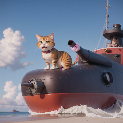 Image For Post Anime, cat, submarine, tsunami, mechanic, beach, HD, 4K, AI Generated Art