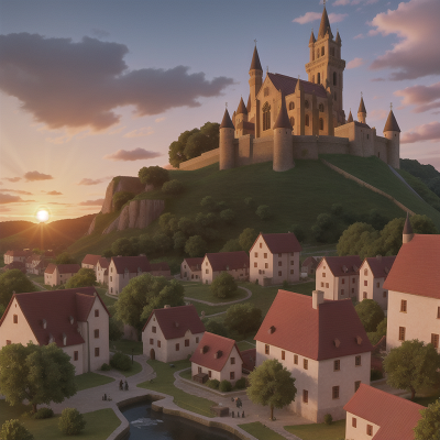Image For Post Anime, village, tank, medieval castle, sunset, cathedral, HD, 4K, AI Generated Art