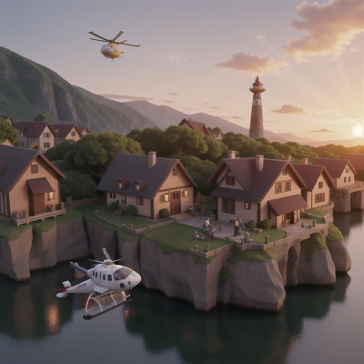 Image For Post Anime, village, helicopter, sunset, elf, whale, HD, 4K, AI Generated Art