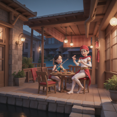 Image For Post Anime, seafood restaurant, flute, trumpet, cyborg, flying carpet, HD, 4K, AI Generated Art