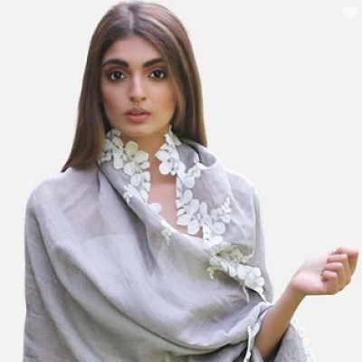 Image For Post Mousse Linen And Modal Scarf With An Ivory Scalloped Lace Border - Maneesha Ruia