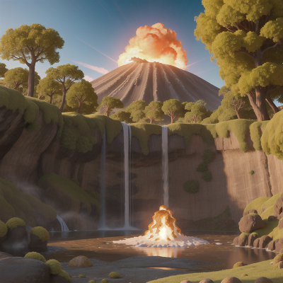 Image For Post Anime, waterfall, golden egg, island, volcanic eruption, elf, HD, 4K, AI Generated Art