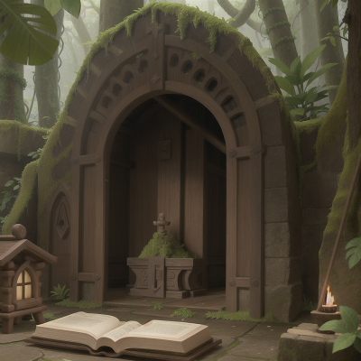 Image For Post Anime, jungle, hidden trapdoor, cathedral, waterfall, spell book, HD, 4K, AI Generated Art