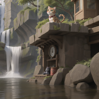 Image For Post Anime, waterfall, cat, clock, drum, circus, HD, 4K, AI Generated Art