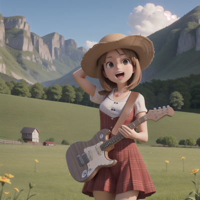 Image For Post Anime, farm, artificial intelligence, surprise, electric guitar, mountains, HD, 4K, AI Generated Art