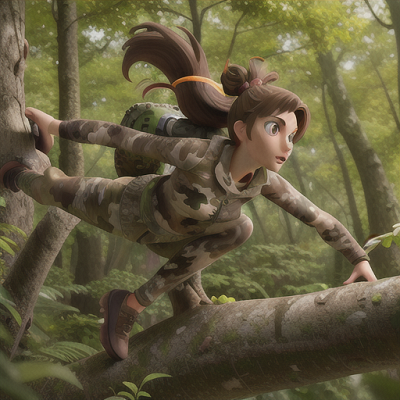 Image For Post | Anime, manga, Bold and agile hunter, brown hair tied in a low ponytail, in dense, foggy woods, leaping gracefully from tree to tree, pursuing a swift and elusive beast, forest camo-patterned gear with a custom bow, intricate and lush anime style, a palpable sense of urgency and focus - [AI Art, Anime Muscular Characters ](https://hero.page/examples/anime-muscular-characters-stable-diffusion-prompt-library)