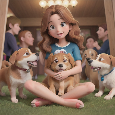 Image For Post Anime Art, Kind-hearted dog rescuer, flowy golden-brown hair, in a crowded dog shelter