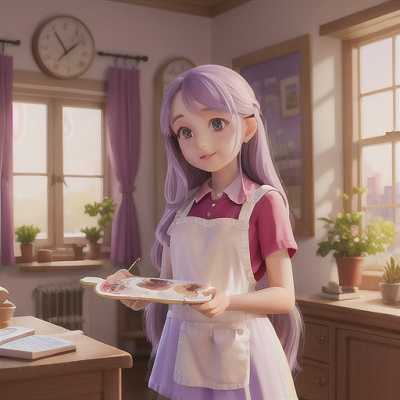 Image For Post Anime Art, Talented artist girl, long flowing lavender hair, in a quaint art clubroom