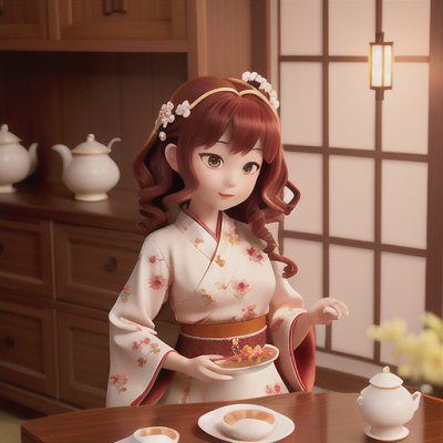 Image For Post Anime Art, Friendly tea ceremony girl, curly dark red hair with floral hairpin, in a peaceful and delicate Japanese tea