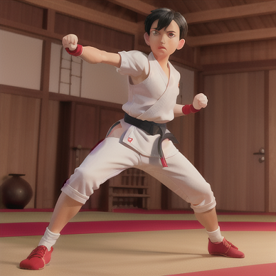 Image For Post Anime Art, Determined martial artist, jet black hair tied with a red bandana, in a traditional dojo