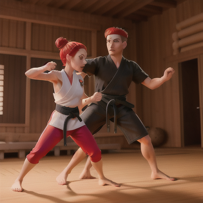 Image For Post Anime Art, Fearless martial artist, crimson hair tied back in a headband, in a traditional dojo setting