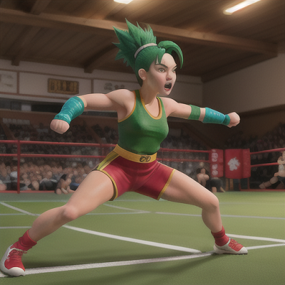 Image For Post Anime Art, Bold martial artist, emerald green hair in a short spiky style, in the heat of a martial arts tournament