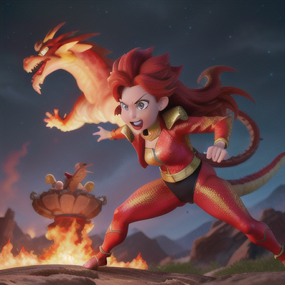 Image For Post Anime Art, Fearless dragon warrior, fiery red hair and sharp golden eyes, during a fierce battle with an colossal drago