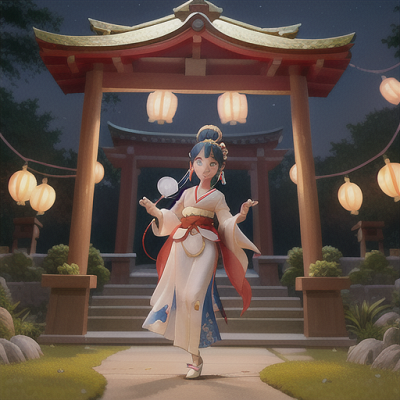 Image For Post Anime Art, Graceful shrine maiden, cascading azure hair and an enigmatic smile, in a serene moonlit garden