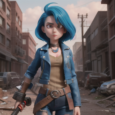 Image For Post Anime Art, Determined time-traveler, vivid blue hair with a single red streak, standing amidst a post-apocalyptic waste