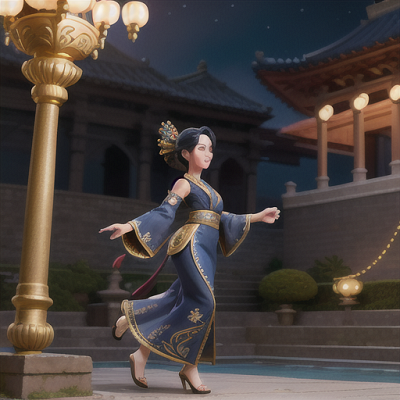 Image For Post Anime Art, Elegant warrior, dark blue hair intricately styled with hairpins, in a palace courtyard
