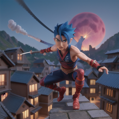 Image For Post | Anime, manga, Fearless ninja warrior, spiky blue hair and a mysterious facial scar, leaping across rooftops in a moonlit village, engaged in epic combat with a powerful enemy, shuriken and smoke bombs in the midst, black and red ninja outfit with hidden weapons, dynamic action-packed anime style, an atmosphere of suspense and anticipation - [AI Art, Anime Heroes Battle Scene ](https://hero.page/examples/anime-heroes-battle-scene-stable-diffusion-prompt-library)